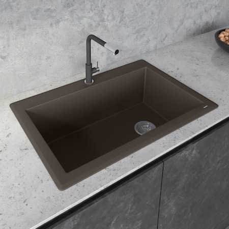 Ruvati 33"x22" Dual-Mnt Granite Composite Sgl Bowl Kitchen Sink, Espresso Brwn RVG1033ES